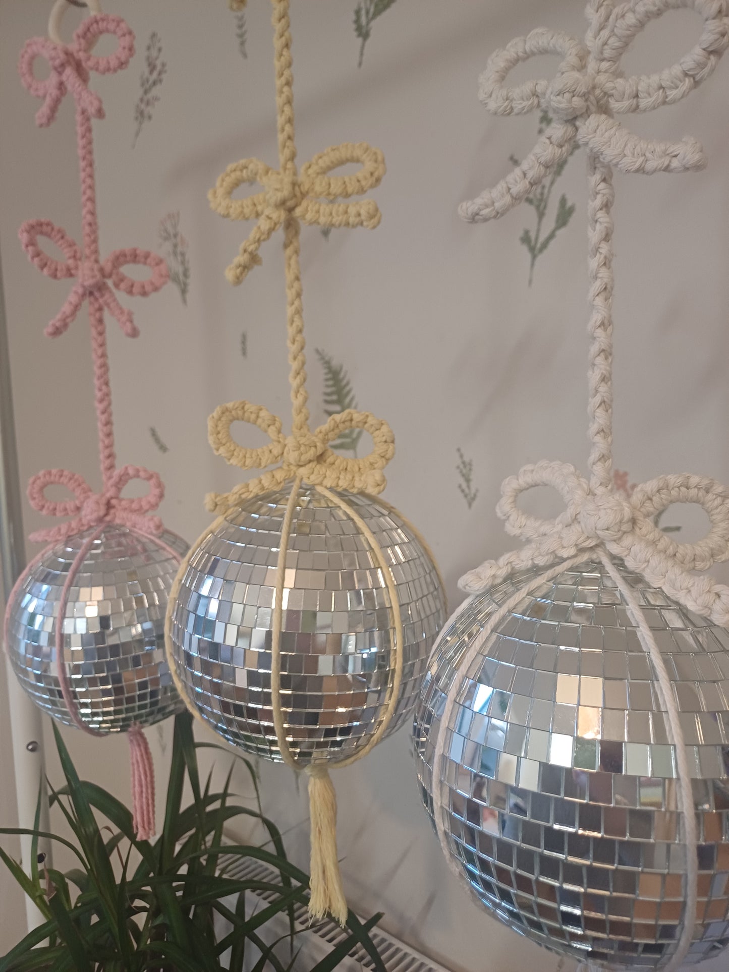 macrame disco mirror balls with bows