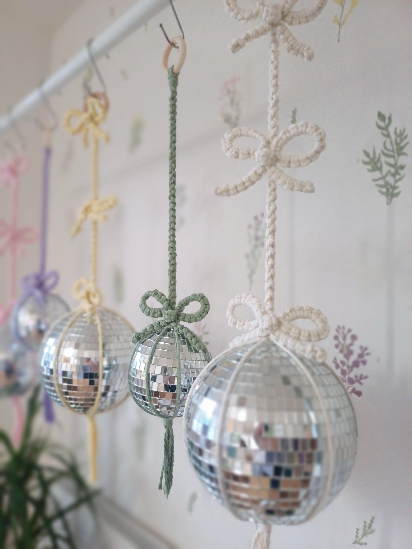 Macrame disco mirror balls with bows